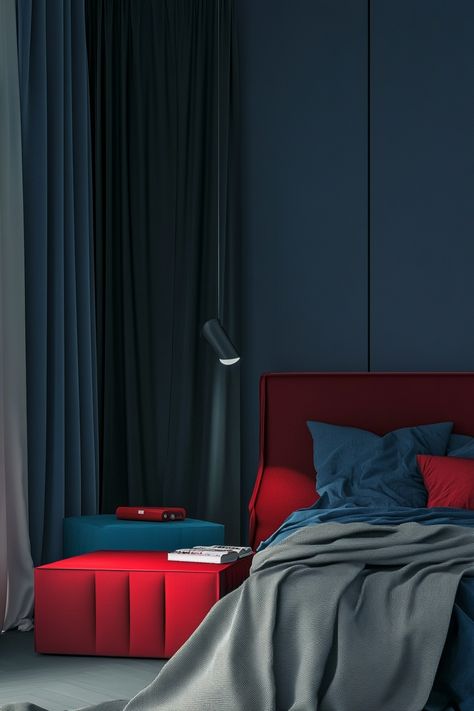 Navy blue and red make a stunning color combination for bedrooms, offering a touch of sophistication and a timeless appeal.  Explore these 20 navy blue and red bedroom ideas for inspiration.  Whether you're looking for a bold and dramatic look or a more understated and elegant style, there's something for everyone. Get ready to transform your bedroom into a haven of style and comfort with these inspiring ideas. Red And Blue Bedroom Ideas, Blue Red Bedroom, Blue And Red Bedroom, Red And Blue Bedroom, Red Bedroom Ideas, Red Bookshelf, Striped Accent Wall, Red Headboard, Blue Bedside Tables