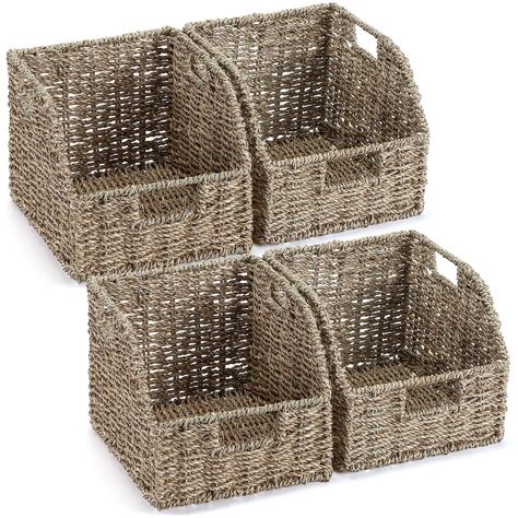 PRICES MAY VARY. Storage Baskets Set: you will get 4 pcs storage baskets for organizing, built in handles for easy carrying, suitable for those who need multiple storage demand or simply want to ensure cohesiveness in their decoration Reliable Material: crafted from natural seagrass, these wicker baskets offer durability and longevity; The natural material gives each basket a natural look while assuring you of its quality and sturdiness; Due to the handwoven design, there will be slight variatio Baskets For Kitchen Storage, Cube Storage Decor, Entryway Basket, Stacking Basket, Island Storage, Organize Ideas, Pantry Baskets, Perfect Pantry, Amazon Items