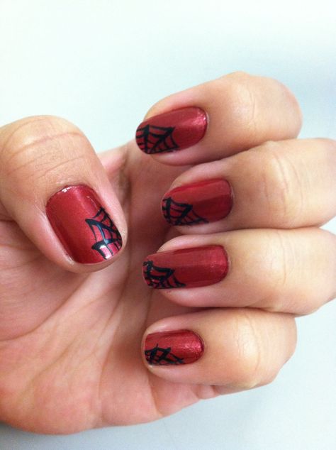 Spiderweb nails for Halloween. Spider Web Nail Design, Web Nail Design, Spiderweb Nails, Nails For Halloween, Nails With Red, Nail Stuff, Halloween Nail Designs, Halloween Nail, Red Background