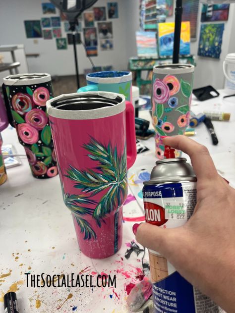 How To Paint A Stanley Cup, Paint Stanley Cup, Painted Stanley Cup Diy, Stanley Cup Painted, Painting Tumblers Diy, Painted Tumblers Diy, Painted Stanley Cup Ideas, Hand Painted Tumbler Ideas, Painting Stanley Cups