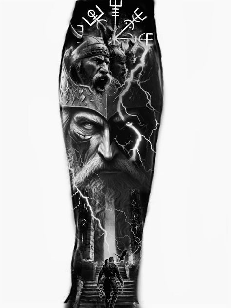 Viking Tattoo Cover Up, Viking Leg Tattoo Men, Odin Norse Mythology Tattoo, Viking Valhalla Tattoo, Viking Tattoo Sleeve Norse Mythology, Leg Tattoo Design For Men, Viking Leg Sleeve, Viking Sleeve Tattoo For Men, Viking Leg Tattoo