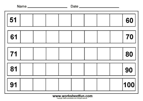 missing numbers (51-100) - 8 Worksheets Writing Worksheets Kindergarten, Number Worksheets Kindergarten, Kindergarten Math Worksheets Free, Free Printable Math Worksheets, Mathematics Worksheets, Worksheets Kindergarten, Numbers Kindergarten, Free Kindergarten Worksheets, 1st Grade Math Worksheets