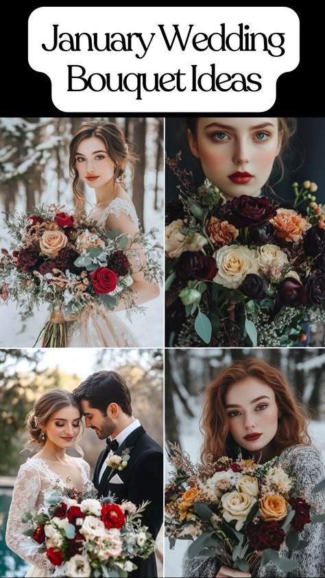 Elegant January wedding bouquet with winter flowers in classic and vibrant colors