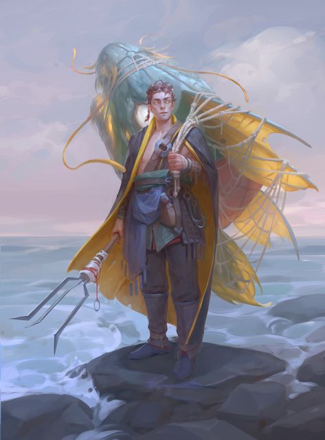 ArtStation - Fisherman, Sveta Pikul (GreenBreen) Fisherman Fantasy Art, Fisherman Art Character Design, Dnd Fisherman Art, Dnd Fisherman, Fantasy Fisherman, Fisherman Character Design, Anime Fisherman, Japanese Fantasy Art, Fisherman Art