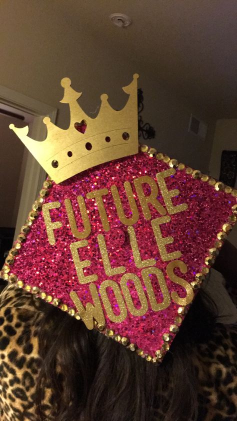 My college graduation cap inspired by my acceptance into law school and my admiration of Elle Woods Graduation Cap Designs Legally Blonde, Elle Woods Grad Cap, Elle Woods Party, Elle Woods Graduation Cap, Lawyer Graduation Cap, Law Graduation Cap, Legally Blonde Graduation Cap, Elle Woods Graduation, Law School Acceptance