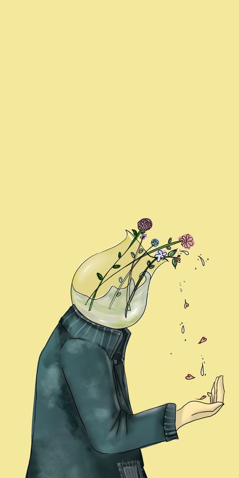 A beige background with a person wearing a dark-turq coat . With a case head with water dripping out with flowers breaking down and then catching their own pieces in their hands and lamenting Vulnerability Art, Vase Head, Inspiration Painting, Art Inspiration Painting, Paper Design, The Beauty, Illustration Art, Art Inspiration, Doodles