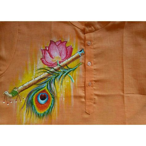 Krishna Painting On Cloth, Blouse Fabric Painting Design, Krishna Painting On Fabric, Peacock Fabric Painting, Krishna Embroidery Designs, Morpankh Painting, Krishna Fabric Painting, Krishna Feather, Hand Painted Shirts