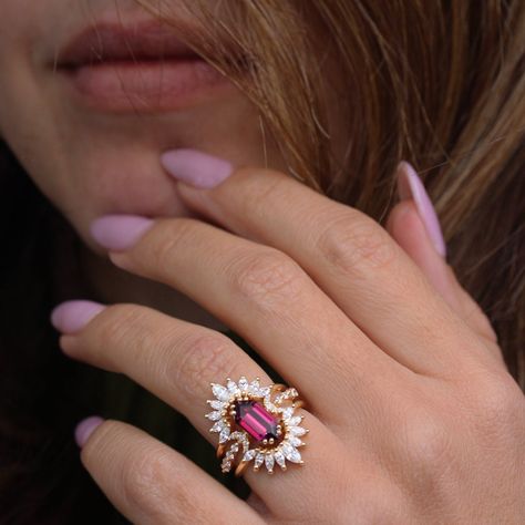 Long hexagon Rhodolite and Sunburst Nesting rings diamonds three ring | sillyshinydiamonds Nesting Rings, Hexagon Diamond Ring, Gemstone Engagement Ring, Red Garnet Ring, Three Rings, Natural Diamond Ring, Victorian Rings, Gemstone Engagement, Diamond Ring Settings