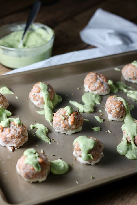 Baked Lime & Cilantro Salmon Meatballs with Avocado Sauce | rdinthemidwest.com Cilantro Salmon, Salmon Meatballs, Cilantro Lime Salmon, Give Me A Chance, Avocado Sauce, Baked Fish, Not Interested, Led Weaning, Baby Led Weaning