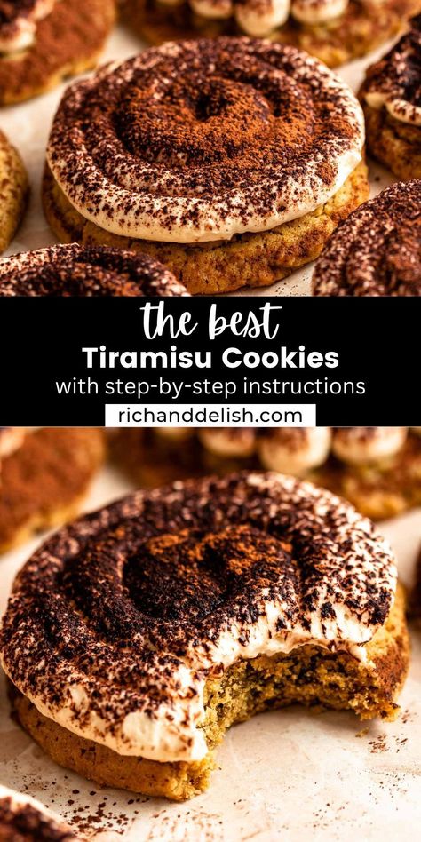 These tiramisu cookies are made with soft and chewy coffee cookies topped with creamy mascarpone cream, and topped with cocoa powder. Italian Food Pasta, Coffee Cookies Recipe, Tiramisu Recipes, Best Tiramisu, Tiramisu Cookies, Colorful Cookies, Mascarpone Cream, Food Pasta, Eat Cookies