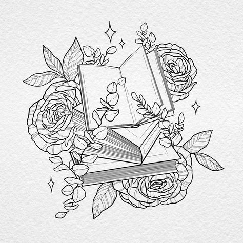 Stack of books with roses and eucalyptus surrounding it with stars very whimsical Story Book Tattoo Ideas, Books And Roses Tattoo, Rose Book Tattoo, Rose And Book Tattoo, Feminine Book Tattoo, Book Theme Tattoo Ideas, Books With Flowers Tattoo, Book Tattoos With Flowers, Book Theme Tattoo