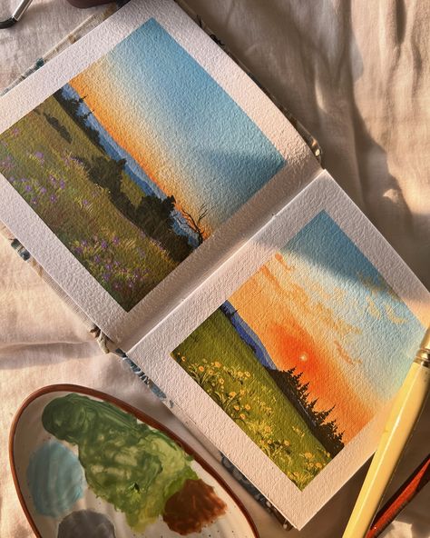 Chasing golden horizons ❤️‍🩹🌻 Used @miyahimi.india gouache paints from @thoovi.arts Worked on @creatingfromtheheartstore sketchbook ( gouache art, easy art, sunset painting, sunset aesthetics, sunset art, easy gouache art, easy painting, gouache artwork, gouache illustration ) Tags 🏷️ #gouachepainting #gouachepaint #gouacheillustration #gouachelandscape #gouacheartist #easyartwork #easyart #gouacheartist Gouache Art Easy, Gouche Paint Ideas, Art Easy Painting, Easy Gouache, Watercolor Scenery Painting, Gouache Illustration, Watercolor Scenery, Gouache Paints, Painting Sunset