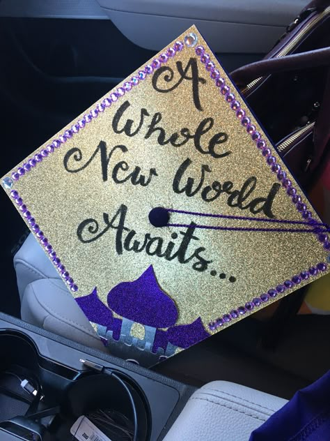 A Whole New World Awaits... I was featured on LSU’s official graduation video! #graduation #graduationcap #gradcap #graduationcapdesign #graduationcapdecoration #collegegraduation #disney #disneygraduationcap #aladdin #lsu #classof2018 Aladdin Graduation Cap, Video Graduation, High School Graduation Quotes, Graduation Video, Graduation Designs, Relatable Art, Disney Graduation Cap, Grad Hats, Disney Graduation