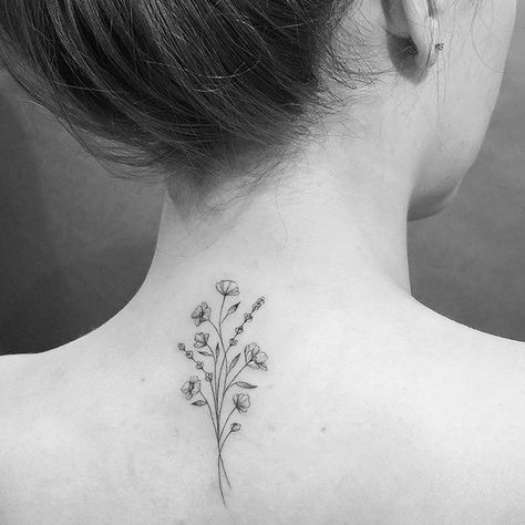 Flower Bouquet Tattoo Back Of Neck, Back Tiny Tattoo Women, Back Of Neck Flower Tattoos For Women, Flower Tattoo On Back Of Neck, Base Of The Neck Tattoo, Floral Back Neck Tattoo, Pretty Back Tattoos For Women Spine, Flowers On Neck Tattoo, Spine Bouquet Tattoo