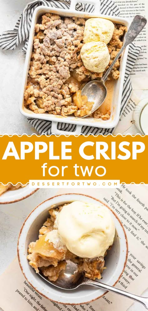 Here's an easy fall recipe you'll want to enjoy all season long! From the sweet filling to the oat topping, this small batch apple crisp for two is everything you want and more. Enjoy this apple dessert recipe with some ice cream! Apple Crisp For Two, Apple Crisp With Oats, Apple Cobbler Easy, Apple Crisp No Oats, Cobbler Easy, Apple Desserts Easy, Apple Crumble Recipe, Small Batch Baking, Apple Crisp Easy