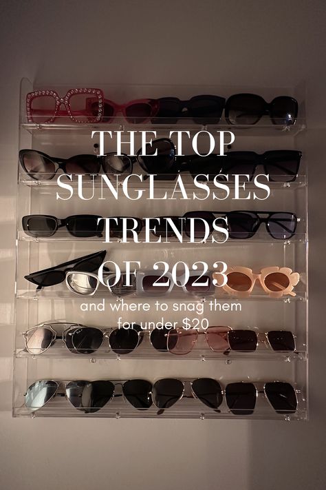 Trendy 2023 sunglasses stored in an acrylic wall mounted shelf, from an article titled The Top Sunglasses Trends of 2023. Flower petal sunglasses, mono lens sunglasses, bright colored sunglasses Sunglasses Winter 2023, Fall Sunglasses 2023, Popular Sunglasses 2023, Women’s Sunglasses Trends 2023, Women’s Sunglasses, Sunglasses Trend 2023, Sunglasses 2023 Trends Women, 2023 Sunglasses Trends, 2023 Sunglasses