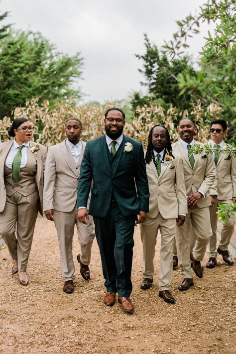 Green Groom Tan Groomsmen, Olive Green Suit Groomsmen, Groom Hunter Green Suit, Dark Green Groom Suit With Groomsmen, Green And Tan Suit Wedding, Rust And Green Groomsmen, Khaki Green Suit, Green And Cream Wedding Suits, Khaki Suit Green Tie