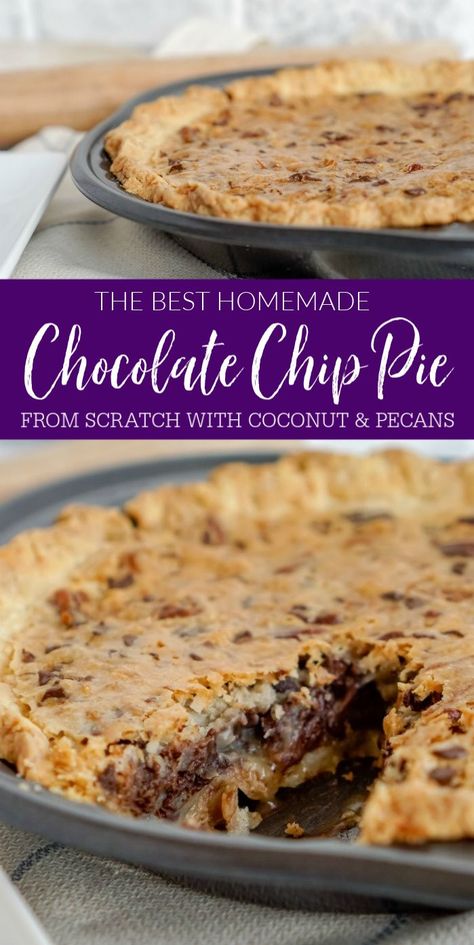 Homemade Chocolate Chip Pie! The best Chocolate Chip Pie Recipe from Scratch! One of our favorite dessert recipes for Summer, Thanksgiving, or Christmas. This Pie Recipe is made with a Cream Cheese Pie Crust and is SO good and flaky! Better than pecan pie but loaded with pecans and coconut! #lemonpeony #pie #chocolate #chip #holiday #pie #recipe Chocolate Chip Pie Recipe, Derby Pie Recipe, Thanksgiving Recipes Dessert, Pie From Scratch, Chocolate Chip Pie, Derby Pie, Homemade Chocolate Chips, Coconut Pie, Coconut Pecan