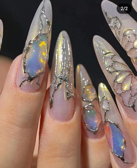 3d Gel Nail Art Butterfly, Glow In The Dark Cat Eye Nails, Gothic Fairy Nails, Fantasy Wedding Nails, Faerie Nails, Elven Nails, Dark Fairy Nails, Fairy Nails Acrylic, Fairy Aesthetic Nails