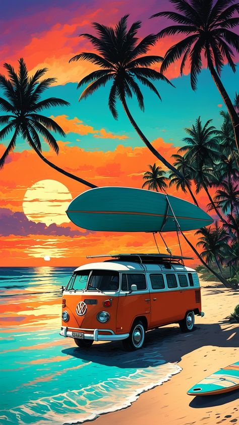 Volkswagen Bus Art, Tattoo Daruma, Volkswagen Vintage, Vintage Volvo, Beach Sublimation, Aloha Surf, Retro Bus, Bus Art, Romantic Drawing