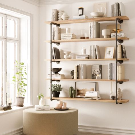 PIPE 60'' Floating Pipe Shelves, 5 Tier Shelf, Shelves Organizer Burnt – Wallniture Living Room Shelving Ideas, Wooden Book Shelves, Book Shelves Wall, Soap Workshop, Long Wall Shelves, Burnt Wood Finish, Wall Shelf Display, Industrial Floating Shelves, Room Revamp