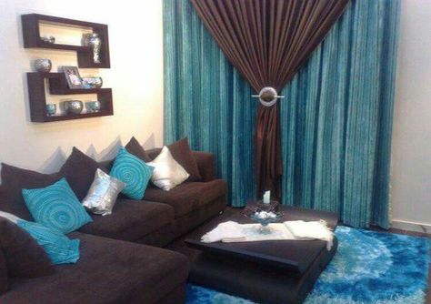 Hang my Brown curtains with the blue on top instead? Grey Living Room Ideas Color Schemes, Brown Curtains Living Room, Brown Furniture Living Room, Turquoise Living Room Decor, Living Room Turquoise, Living Room Brown, Brown Living Room Decor, Teal Living Rooms, Apartment Decorating Living