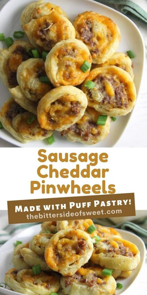 Puff Pastry Sausage Cheddar Pinwheels make a great game day snack. Filled with sausage and cheese they're great for dipping and so easy to make! | The Bitter Side of Sweet Buffalo Chicken Puff Pastry, Savoury Scrolls, Breakfast Puff Pastry, Sausage Pinwheels, Puff Pastry Recipes Savory, Puff Pastry Pinwheels, Cream Cheese Puff Pastry, Cheddar Recipes, Wine Appetizers