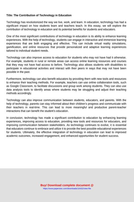 Title The Contribution of Technology in EducationTechnology has revolutionized the way we live work and learn In education technology has had a significant impact on how students learn and teachers teach In this essay we will explore the contribution of technology in education and its potential benefits for students and educatorsOne of the most significant contributions of technology in education is its abilityprogress and com ... Significance Of The Study Research, Essay About Technology, Academic Article, School Methods, Informative Speech Topics, Writing Ielts, Technology Essay, College Essay Tips, Elementary Reading Comprehension