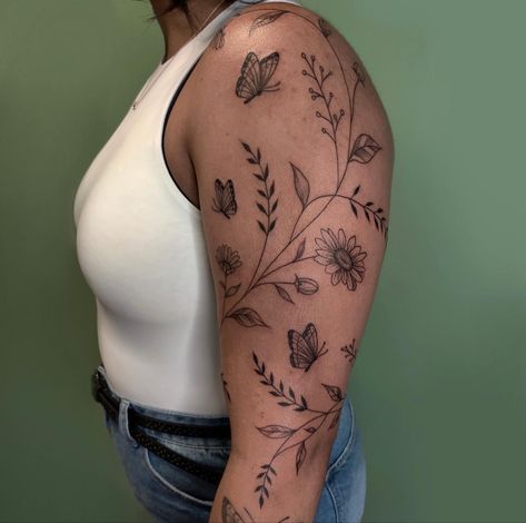 Flower And Leaves Tattoo Sleeve, Flower And Vine Sleeve Tattoo, Floral Vine Sleeve Tattoos For Women, Top Arm Tattoo Women Half Sleeves, Tattoos For Bicep Women, Flower Vine Sleeve Tattoo, Floral Wrap Sleeve Tattoo, Earth Arm Tattoo, Womans Upper Arm Tattoo