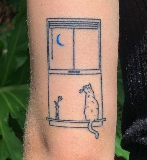 Dog Looking Out Window Tattoo, Fine Line Window Tattoo, Dog In Window Tattoo, Cat Looking Out Window Tattoo, Waving Cat Tattoo, Windowsill Tattoo, Cat Window Tattoo, Cat In Window Tattoo, Tattoo Dragonfly