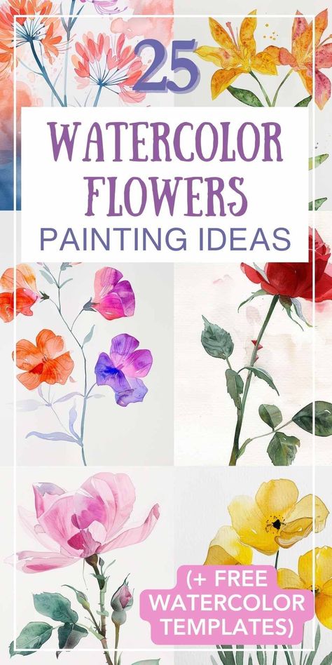 Blooming creativity! Learn to paint beautiful watercolor flowers with easy tips and FREE printable templates. Perfect for beginners & seasoned artists alike. #watercolor #flowerpainting #tutorial #templates #DIYart #floralart #watercolortutorial #beginnerart #artinspiration Flower Art Painting Easy, Watercolor Templates Printables, Loose Watercolor Flowers Tutorial, Loose Floral Watercolor Painting, Water Colors For Beginners, Daisy Watercolor Painting, Free Watercolor Printable, Watercolor Tutorial Step By Step, Easy Watercolor Paintings For Beginners