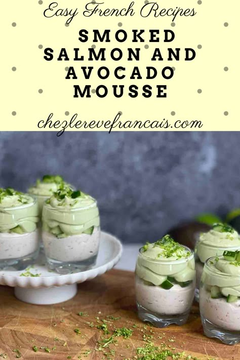 This smoked salmon mousse is fluffy and creamy without the need for gelatin. Topped with whipped avocado for a delicious appetiser. Avocado Mousse With Smoked Salmon, Smoked Salmon And Avocado Recipes, Christmas Mousse With Avocado And Smoked Salmon, Avocado Mousse Savory, Smoked Salmon Mousse Recipe, Salmon Mousse Appetizers, Easy Smoked Salmon Recipes, Salmon Mousse Recipe, Salmon Mousse Recipes