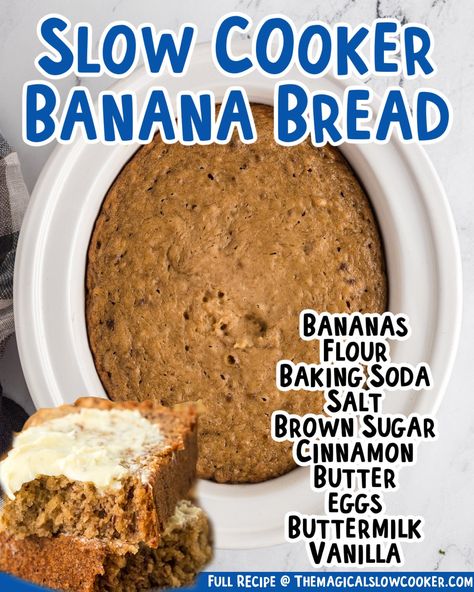 Banana bread in the slow cooker? Absolutely! This simple banana bread recipe yields a perfectly cooked loaf without the need for loaf pans, additional prep, or the fear of burning anything. Grab your kitchen staples and this classic recipe and get ready to wow your family and friends. - The Magical Slow Cooker Banana Bread Crockpot Recipe, Crockpot Banana Bread Easy, Crock Pot Banana Bread, Slow Cooker Bananas Foster, Slow Cooker Banana Cake, Crockpot Banana Bread, Simple Banana Bread Recipe, Slow Cooker Banana Bread, Simple Banana Bread