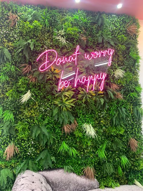 Neon Light On Grass Wall, Selfie Wall Design, Neon Signs On Grass Wall, Neon Sign Greenery Wall, Grass Wall Neon Sign, Foliage Wall With Neon Sign, Tree Design On Wall, Waxing Room, Restaurant Exterior Design