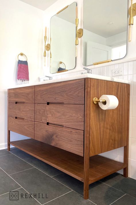 Bathroom Vanity With Legs Ideas, Bathroom With Walnut Vanity, Walnut Vanity Bathroom Master Bath, Double Vanity Wood, Bathroom Vanity With Legs, Walnut Vanity Bathroom, Walnut Vanity, Walnut Bathroom Vanity, Small Double Vanity