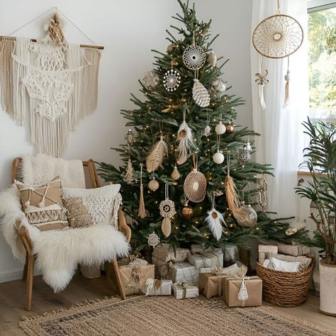 A laid-back holiday setup with a boho tree featuring feather ornaments, macramé garlands, and natural materials in a neutral-toned room. Bohemian Christmas Tree, Feather Ornaments, Macrame Garland, Boho Tree, Boho Christmas Tree, Whimsical Christmas Trees, Traditional Holiday Decor, Bohemian Christmas, Cozy Boho