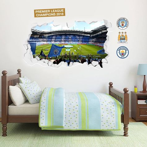 Official Manchester City FC Merchandise.  Made in Manchester, UK.  Easy to apply, easy to remove, and will not damage your walls!  Perfect for your bedroom, office, playroom or home.  Exclusively Licensed & Available from BeautifulGame.co.uk    #ManCity #ManchesterCity #MCFC #ManCityFC #Premierleague #champions Manchester City Bedroom, City Wall Mural, Office Design Diy, City Bedroom, Football Bedroom, Baby Boys Room, Furniture Wallpaper, Wallpaper City, Wallpaper Office