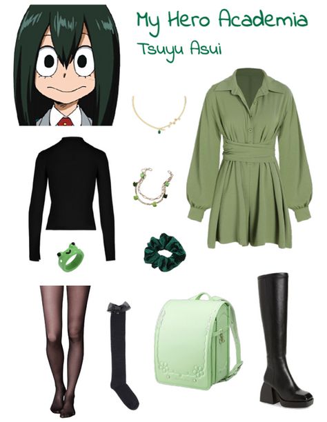 Tsuyu Asui Casual Outfit, Outfits Inspired By Mha Characters, Frog Inspired Outfit, Tsuyu Asui Full Body Picture, Tsuyu Asui Cosplay, My Hero Academia Tsuyu Asui, Tsuyu Asui Fantasy Au, Hunter Wallpaper, Chic Black Outfits