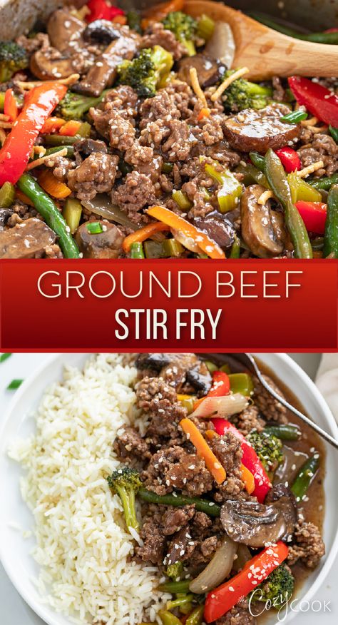 ground beef stir fry with a mix of vegetables. Hamburger And Asparagus Recipes, Ground Meat And Vegetable Recipes, Klinio Recipes, Beef Stir Fry Recipe, Ground Beef Stir Fry, Ground Beef And Broccoli, 30 Minute Meals Healthy, Cozy Cook, Beef Stir Fry Recipes