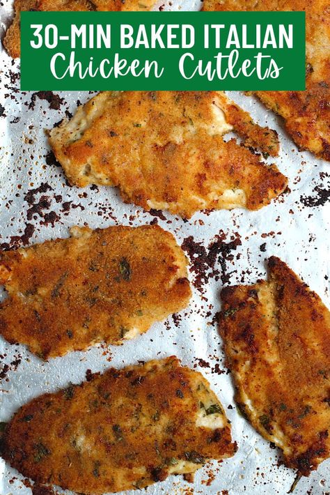 These Baked Italian Chicken Cutlets are fantastic! They have the comforting taste and crunch of fried cutlets, but are easier to make and better for you! The outside is salty and crunchy, while the chicken inside is moist and juicy. The breading is only a 2-step process and then they go in the oven to bake for a no-fuss dinner! #chicken #chickenrecipes #baked chicken #italianchicken Baked Cutlets Chicken, Chicken Cutlets Recipes Baked, Italian Breaded Chicken Cutlets, Easy Baked Chicken Cutlets, Breaded Chicken Cutlets In Oven, Oven Baked Chicken Milanese, Breaded Chicken Cutlets Baked, Italian Chicken In Oven, Baked Chicken Cutlets Oven Healthy