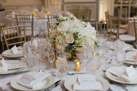 Dan & Amy's Fairmont Copley Plaza Wedding White Wedding Ideas, Gold And White Wedding, Gold Place Setting, White Weddings Reception, Glass Charger Plates, Rustic Wedding Decorations, White Centerpiece, White Wedding Theme, Wedding Reception Centerpieces