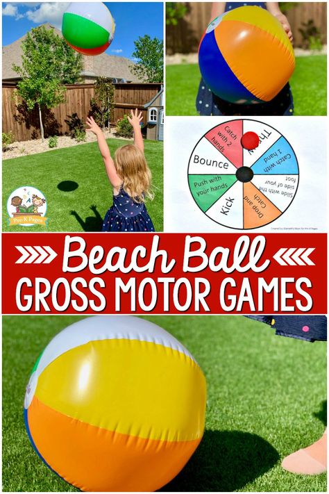 Beach Ball Gross Motor Game for preschoolers. This fun game (and independent play with a ball) helps strengthen those gross motor skills like running, walking, skipping, climbing, throwing – all those whole body movements. Playing games like this one can help children develop hand-eye coordination and overall body control, coordination, and balance. Plus, this type of play is great for relieving stress and increasing fun! Beach Ball Crafts, Gross Motor Games, Ball Printable, Game For Preschoolers, Beach Ball Games, Summer Preschool Activities, Gross Motor Activity, Pre K Pages, Beach Week