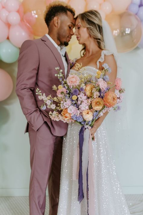 Iridescent pastels and sparkly holographic metallics created the most whimsical wedding inspiration for our unique upscale brides 🤍 Iridescent Wedding Dress, Holographic Wedding, Futuristic Wedding, Iridescent Wedding, Whimsical Wedding Inspiration, Wedding Tablecloths, Rainbow Wedding, Colorful Wedding, Pastel Wedding