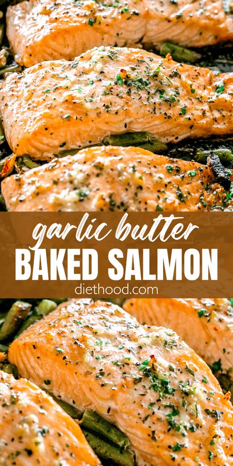 This Garlic Butter Baked Salmon is tender, flaky, and brushed with a drool-worthy garlic butter sauce! Baked on a sheet pan with your favorite veggies, it's quick, easy, and perfect for busy weeknights. Salmon Recipes Baked Garlic Butter, Best Salmon Recipe Baked, Salmon Recipes Baked For Diabetics, Garlic Butter Salmon Baked, Creamy Garlic Butter Salmon, Creamy Garlic Butter Baked Salmon, Easy Salmon Recipes Baked, Butter Garlic Salmon, Baked Salmon Recipes Oven