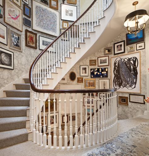 An Epic Staircase Gallery Wall by Phillip Mitchell Design  at the Kips Bay Showhouse Curved Wall Decor, Boho Staircase, Staircase Gallery Wall, Art In Real Life, Wall Gallery Art, Tuscan Wall Decor, Wall Staircase, Staircase Gallery, Kips Bay Showhouse