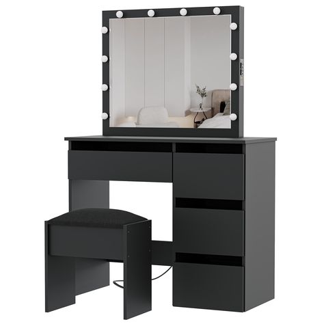 This makeup table comes equipped with 12 LED bulbs offering adjustable brightness and three light modes。 Featuring a large desktop, 4 drawers, this vanity provides ample room for organizing. Desk Makeup Vanity, Room Decor Black, Desk Makeup, Modern Makeup Vanity, Makeup Vanity Desk, Makeup Vanity Set, Bedroom Makeup Vanity, Light Mirror, Bath Store