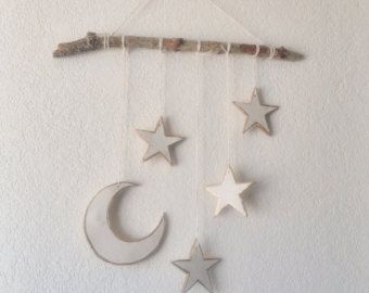 Half Moon Phase Polymer Clay and Turquoise by JuniperHillGoods Paper Mobiles, Celestial Nursery, Stars Mobile, Clay Gifts, Small Nursery, Cloud Nursery, Celestial Theme, Kids Camp, Celestial Gifts