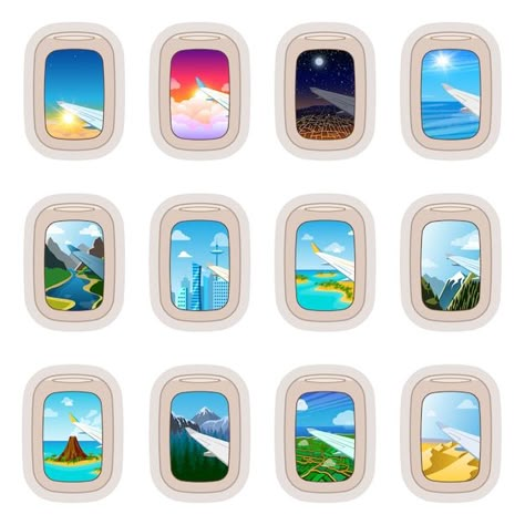 Vector aairplane window traveling by pl... | Premium Vector #Freepik #vector #airplane-window #flight-window #plane-window #flying-plane Airplane Window Illustration, Plane Window Drawing, Airplane Graphic, Window Clipart, Plane Window, Window Drawing, Airplane Window, By Plane, Window Cards