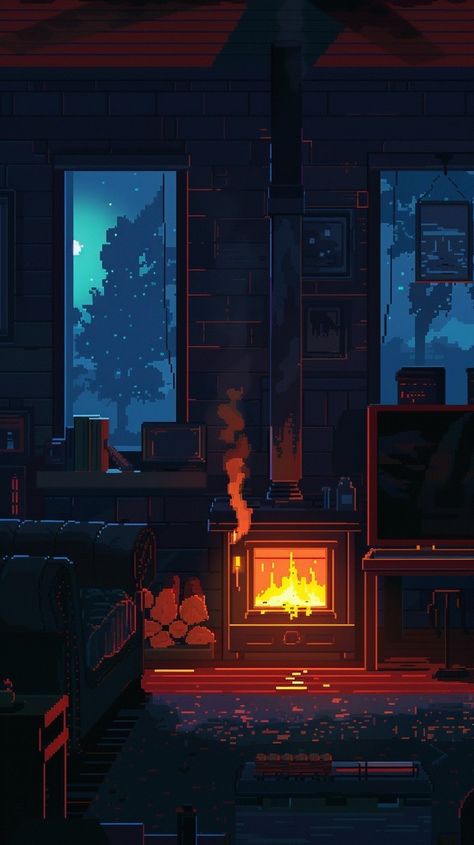 a cozy home in night, warm lighting, smoke coming out in the chimmini, minimalist pixel art 8bit art Night Pixel Art Wallpaper, Cozy Pixel Art, Minimalist Pixel Art, Cozy Wallpapers, Pixel Wallpapers, 8 Bit Pixel Art, 8 Bit Art, 8bit Art, Dream Aesthetic