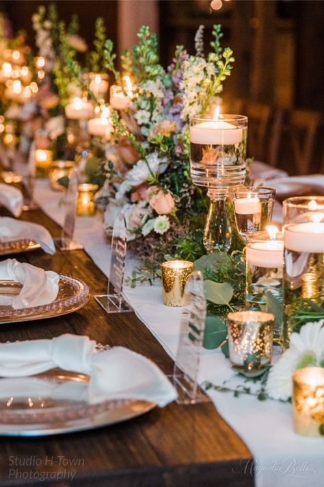 Candle Decor For Wedding Receptions, Wedding Candles And Flowers Centerpieces, Votive Candle Wedding Decor, Gold And Glass Wedding Decor, Farm Table Wedding Decor Candles, Assorted Candle Centerpieces, Wedding Reception Mixed Tables, Brass Wedding Table Decor, Candle Centerpiece Wedding Round Table